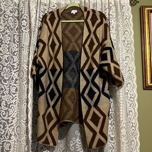 Wonderly Textured Knit Cardigan in Blue and Tan